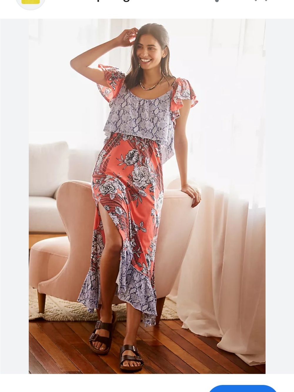 Anthropologie Coral and Lavender Floral Maxi with Snake-Print Overlay